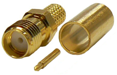 Reverse gender SMA female, crimp connector for MIL-SPEC RG58 coaxial cables, DC-12.4 GHz, 50 Ohms – gold plated